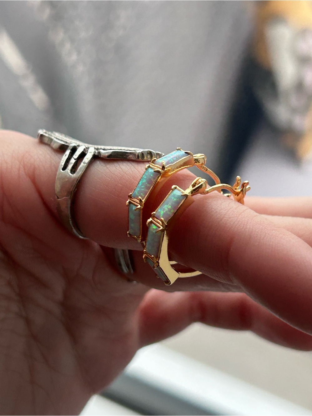 Local electic Gold Opal Bar hoops and studs with Iridescent Blue-Green Flash